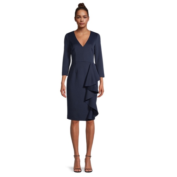 NEW ELIZA J Navy V-NECK Ruffle Side SCUBA Crepe COCKTAIL Sheath DRESS 8 - Picture 9 of 10
